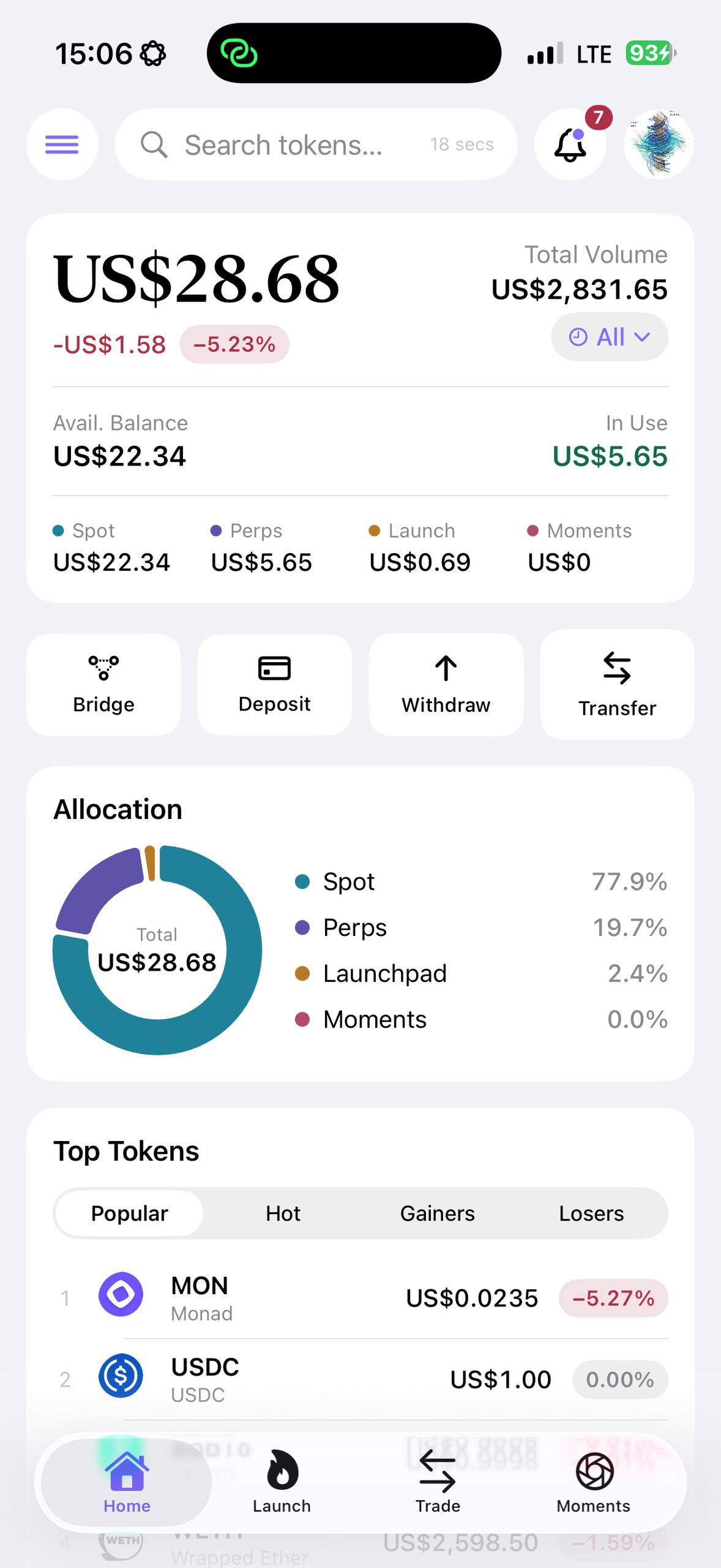 The DyorHQ home screen: portfolio across spot, perps, launch and moments
