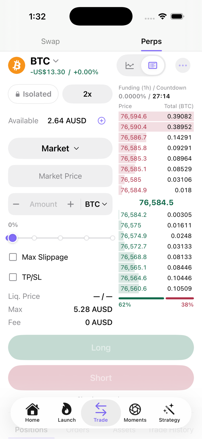 The DyorHQ perps screen with a live order book